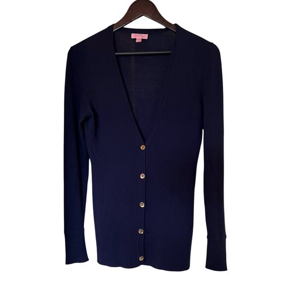 Lilly Pulitzer Woman’s Navy Blue Gold Button Gummy v neck cardigan sweater Sz S - Picture 1 of 5